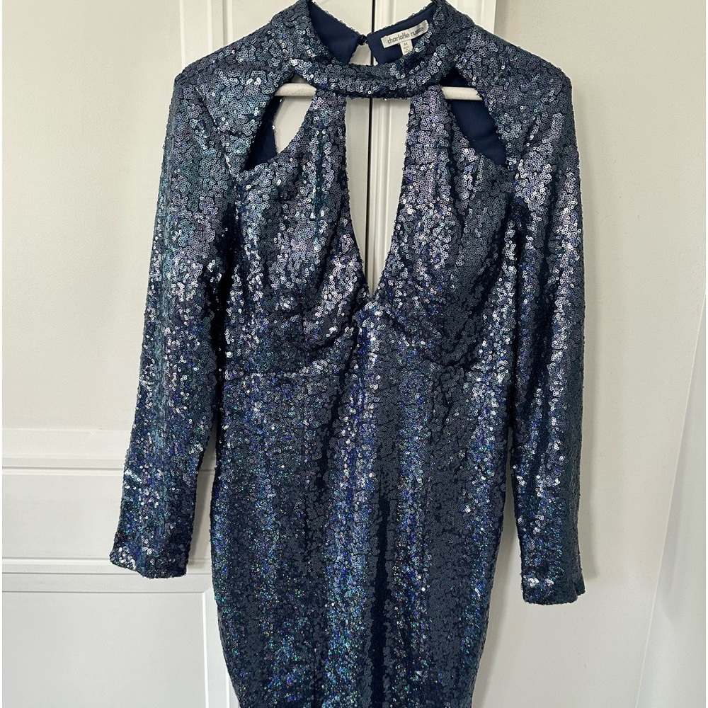 Dark blue dress with sequins v-line size M